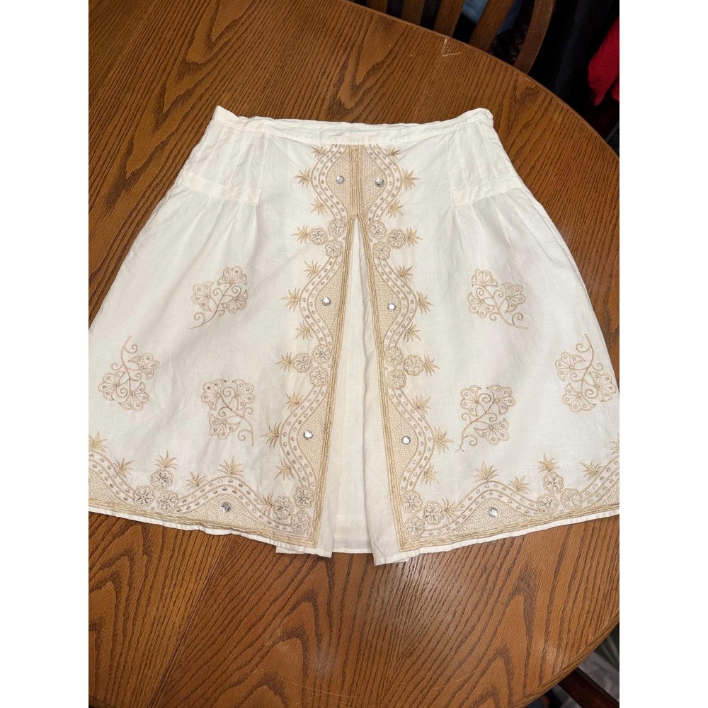 Vintage Y2K White Linen Skirt Size 14, Embroidered Gold Beaded A Line Midi Skirt